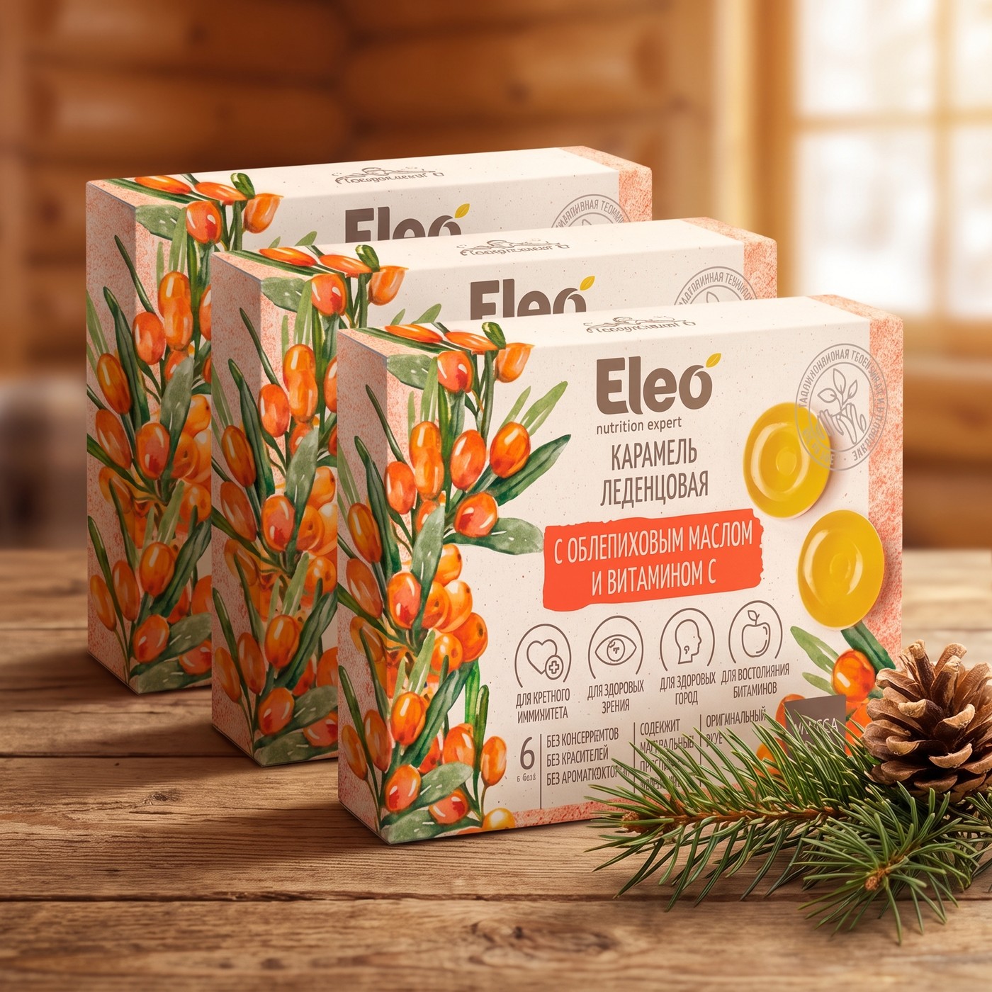 Карамель леденцовая с облепиховым маслом и витамином С "Eleo", 19 гр, (6 шт)