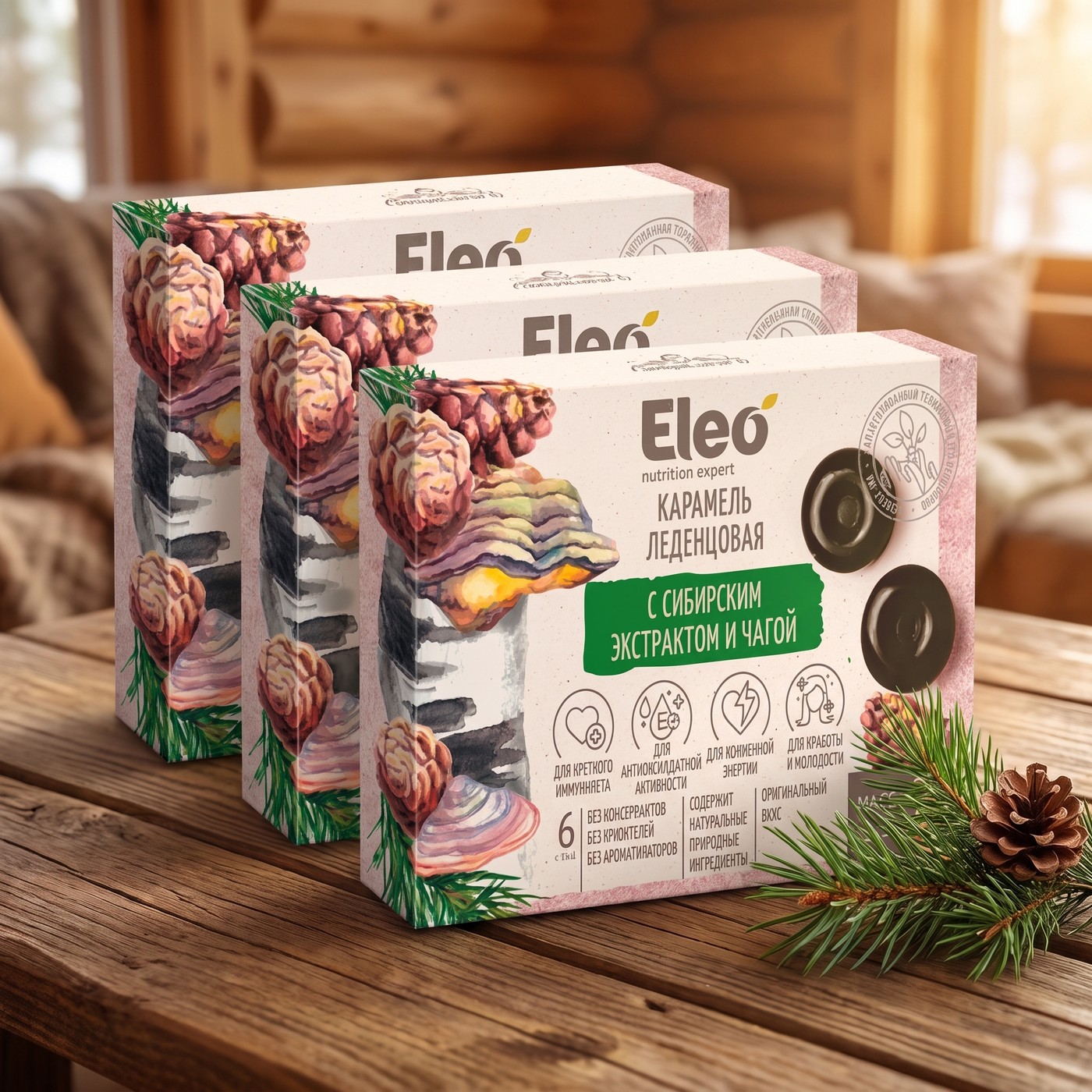 Карамель леденцовая с сибирским экстрактом и чагой "Eleo", 19 гр (6 шт)